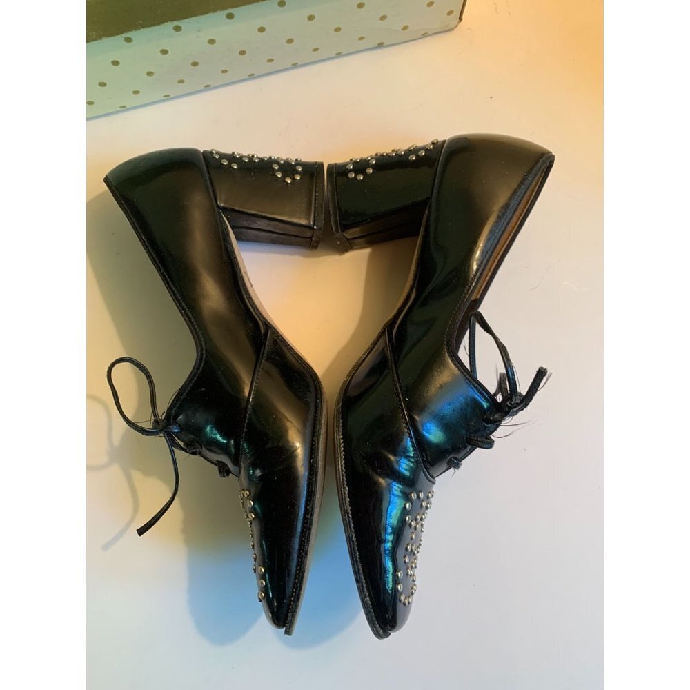 Vintage 1960 Black Patent Leather Studded Oxford Lace Up Shoe 6 B - Picture 4 of 9